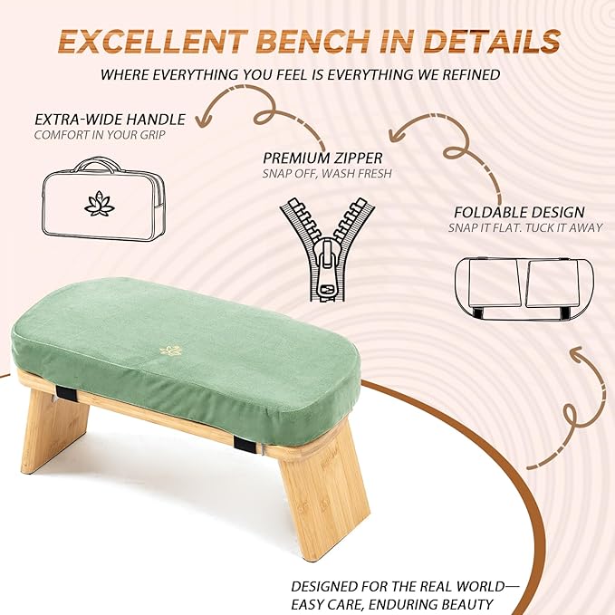 Meditation Bench, Bamboo Meditation Stool, Folding Kneeling Meditation Bench, Seiza Prayer Bench, Prayer Bench with Meditation Cushion, Kneeling Stool(Green-Bag)