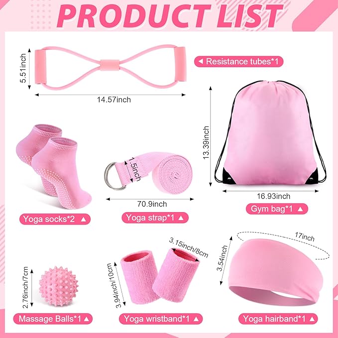 15 pcs Pilates Kit for Women Home Pilates Yoga Fitness Set with Pelvic Floor Trainer 5 Resistance Band Stretching Strap Non Slip Sock Ball Wristband Headband Gym Bag
