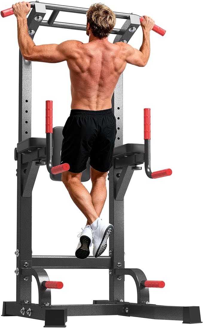 DlandHome Power Tower Pull Up Bar Station, Heavy Duty Adjustable Height for Home Gym Strength Training Equipment 330LBS Weight Capacity, Pull Up Dip Station
