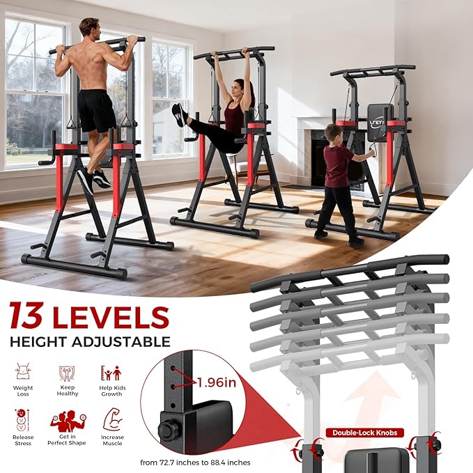 Power Tower Pull Up Bar Free Standing, 13-Level Adjustable Height Dip Station with X-Frame Stability, Multi-Grip Handles, Backrest, Anti-Slip Foot Pads, Home Gym Strength Training Equipment 400LBS