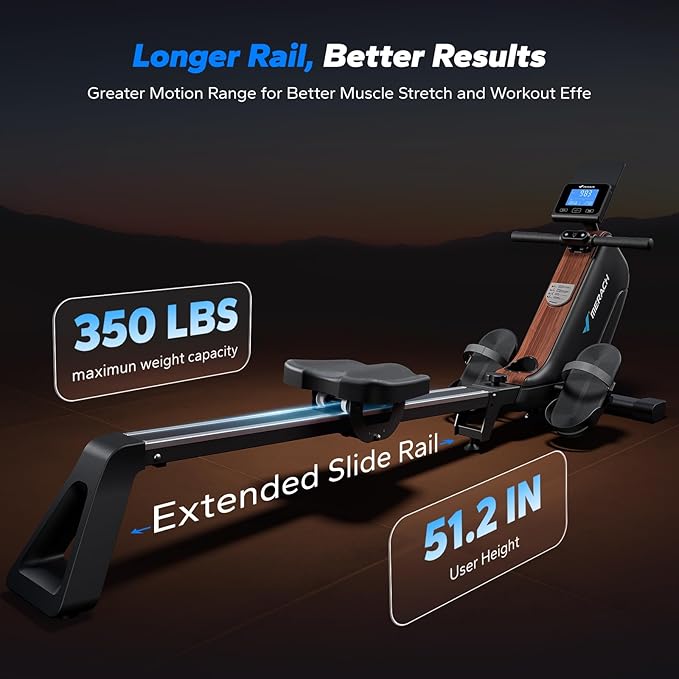 MERACH Rowing Machines for Home, Powerful Electromagnetic Row Machine with 51.2" Extended Rail, 16-Level Handle Resistance Adjustment Rower, 350 LBS Load Capacity, Ergonomic Comfort Seat, Easy Storage