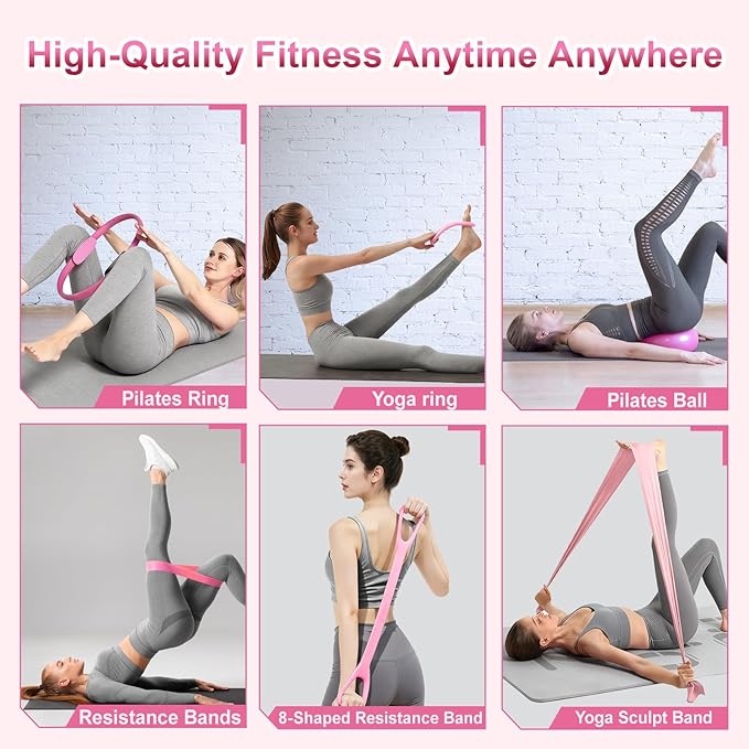 Home Pilates Essentials Kit for Women, Pilates Kit for Home Workouts, Pilates Equipment with Figure 8 Resistance Band, 14" Magic Circle, Yoga Ring, Pilates Accessories Set for Starter Workout