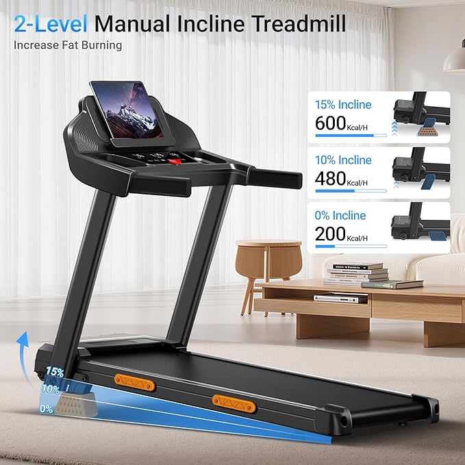 15% Incline Treadmills for Home, 3.0HP Folding Treadmill with 400LBS Weight Capacity, Portable Treadmill with Handrails, 3 LED Displays