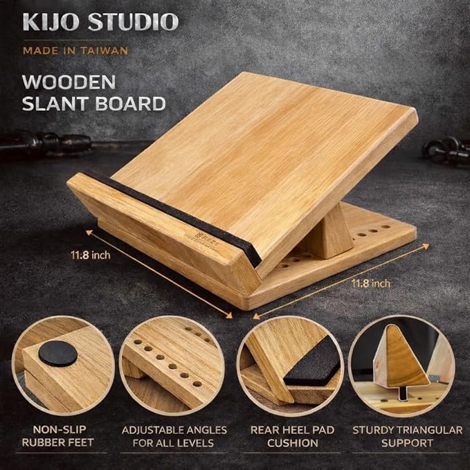 16-Level Adjustable Wooden Slant Board for Squats – 550 lbs Heavy Duty Squat Wedge for Weightlifting & Ankle Mobility – Incline Board for Calf Raises & Leg Day Training【Made in Taiwan KIJO Studio】