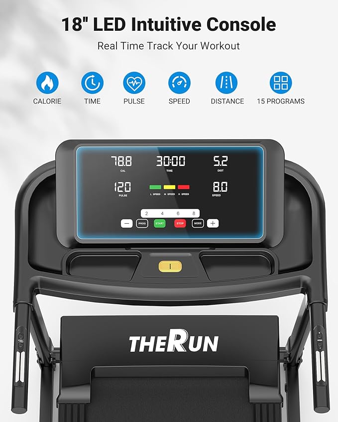 THERUN Incline Treadmill, 0-12% Incline Treadmill for Running and Walking, 300 lbs Weight Capacity, Wide Belt,3.0HP,18" LED Screen, 2 Layers Shock-Absorbing Red