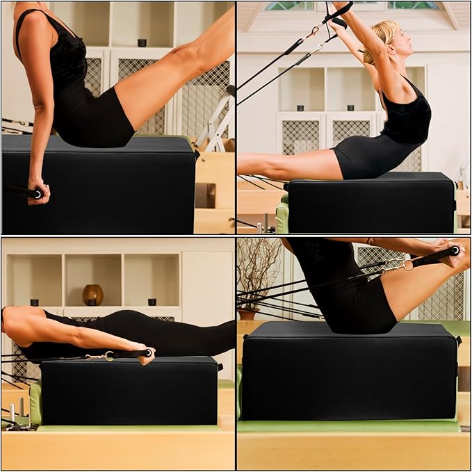 Pilates Sitting Box for Pilates Reformer: Pilates Box Leather Cover Foam Padding Wood Frame, Pilates Reformer Sit Box with Pilates Exercises for Gym Home