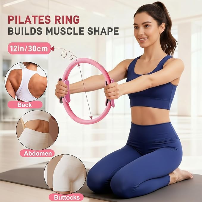 Pilates Kit for Home Workouts, Pilates Equipment Set with Ring, Ball, 5 Resistance Bands, Magic Circle Hoop, Gliding Discs, Compact Toning Fitness Essentials Starter Accessories Pilates Sets for Women