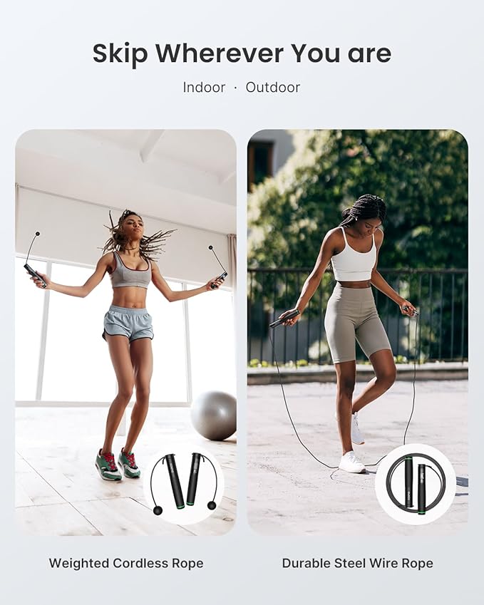 RENPHO Cordless Jump Rope, Weighted Jump Rope with Counter, Jump Ropes for Fitness, Smart Skipping Rope for Crossfit, Gym, Burn Calorie, APP Data Analysis, at-Home-Workout for Women Men Adult Kids