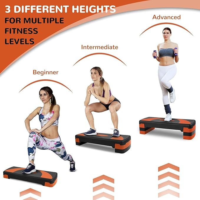 Fitvids Workout Step Aerobic Platform – 31" Exercise Step with 3 levels Adjustable Height – nan – Tangerine