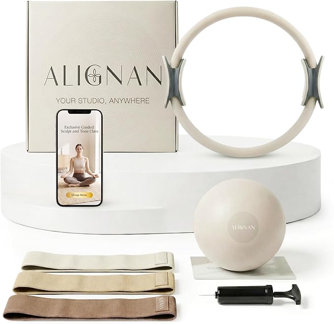 Pilates Kit for Home Workouts with 14” Pilates Ring Pilates 8” Mini Ball with and 3 Booty Bands Set, Pilates Essentials Kit for Women with Guided Workout Video, Home Pilates Equipment, Beige