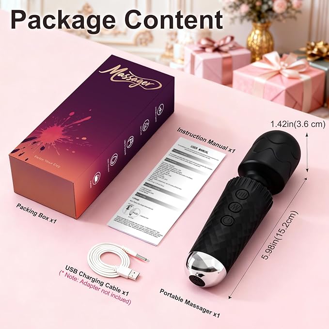Upgraded Handheld Rose Black Mini Massager Tool Device, Premium Silicone Relaxation Massager Rechargeable to Relieve Whole Body Muscle Tension, 20 Modes 8 Speeds
