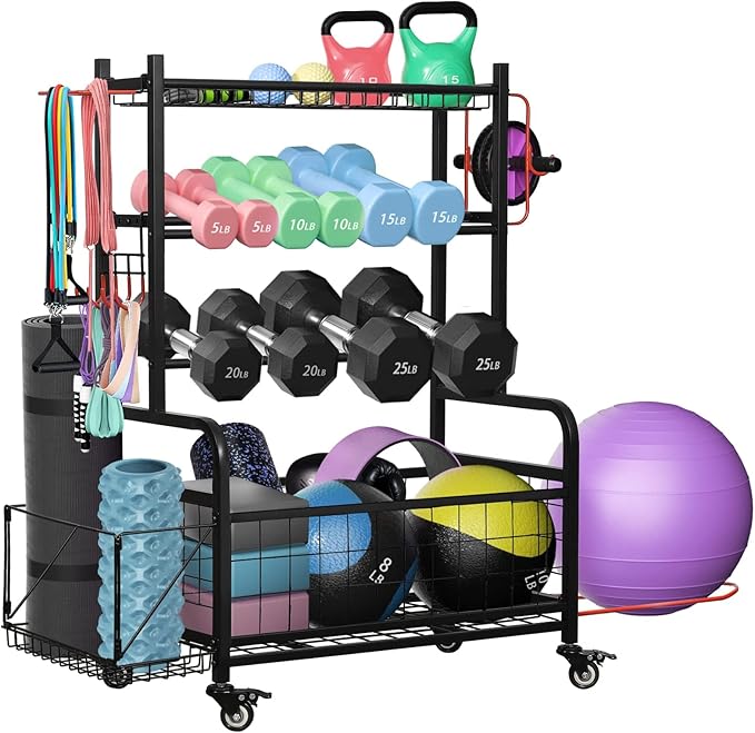 Pro-Series Mobile Dumbbell Rack & All-in-One Gym Storage Organizer with Locking Wheels, Adjustable Shelves & 400LB Capacity