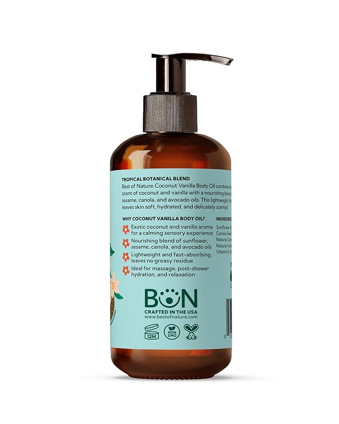 Best of Nature Coconut Vanilla Massage Oil – Lightweight Body Oil for Smooth, Silky Skin, Soft Coconut Vanilla Scent, Ideal for At-Home Massage & Daily Moisturizing, 8 fl oz