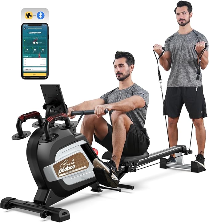 pooboo Rowing Machine for Home, Max 360 LBS Magnetic Rower with APP and LCD Monitor, Tablet Holder, Upgraded Rowing Machines with Comfortable Seat Cushion