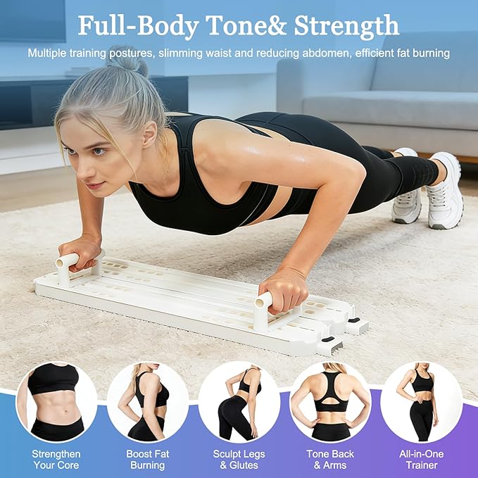 Pilates Reformer Board, 12-in-1 Portable Pilates Board for Home Workout, Core & Abs Toning, Full Body Sculpting Equipment, Pink / White