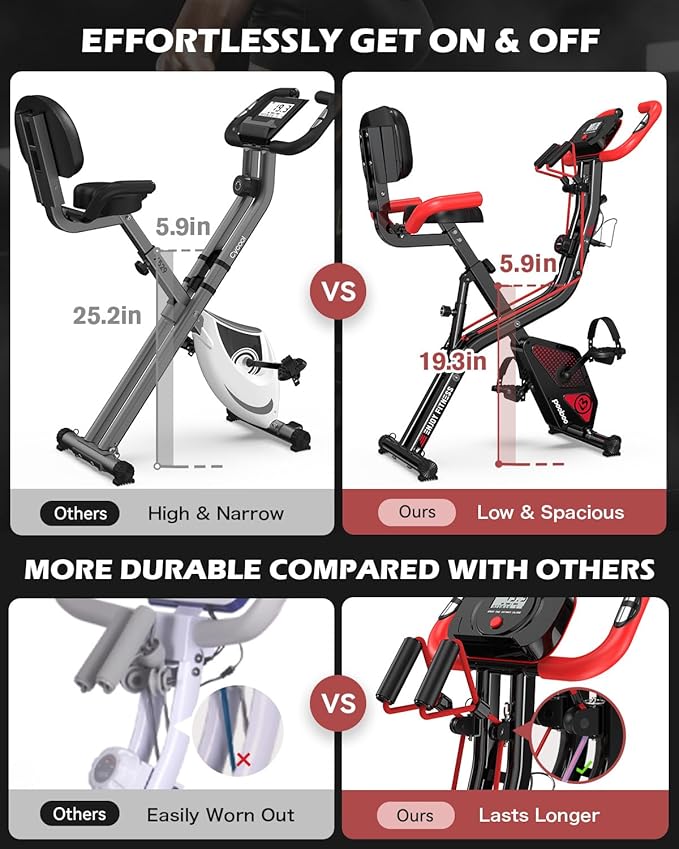 pooboo Folding Exercise Bike, Foldable Upright Stationary Bike, Indoor Cycling Magnetic X-Bike with 8-Level Adjustable Resistance, 6.6 LBS Flywheel, 300LB Capacity, Back Support Cushion for Home Gym