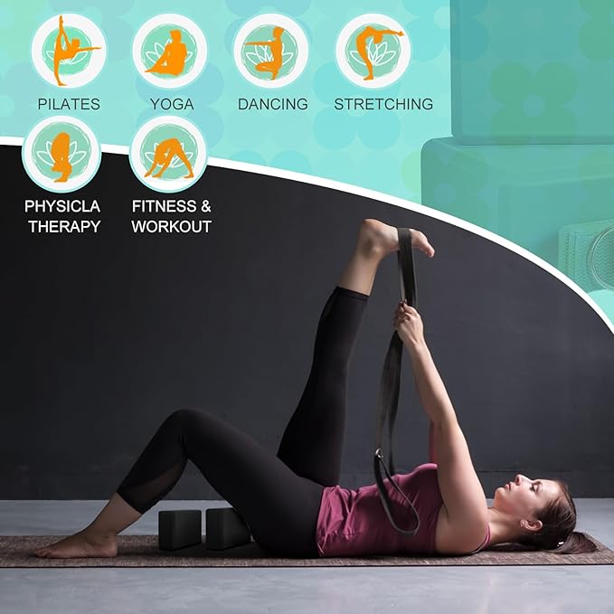 Meooeck 18 Pcs Yoga Blocks and Strap Set Include 12 EVA Foam Yoga Blocks Bulk 9"x6"x3" with 6 Adjustable 8 ft Straps D Ring Non Slip Props for Stretching Pilates Workout Studio Home Gym