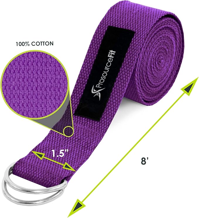 ProsourceFit Metal D-Ring Yoga Strap 8’ Durable Cotton for Stretching and Flexibility