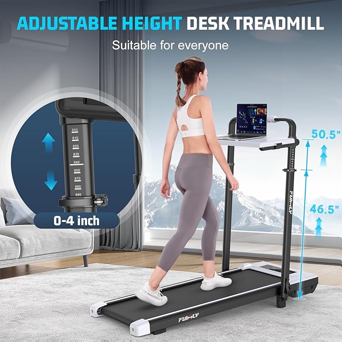 Walking Pad Treadmill with Desk Workstation, 15% Incline Treadmill with Handle Bar, Foldable Treadmills Under Desk for Home/Office, 400 lbs+ Capacity, Adjustable Height, Removable Desk, 3.5HP Motor