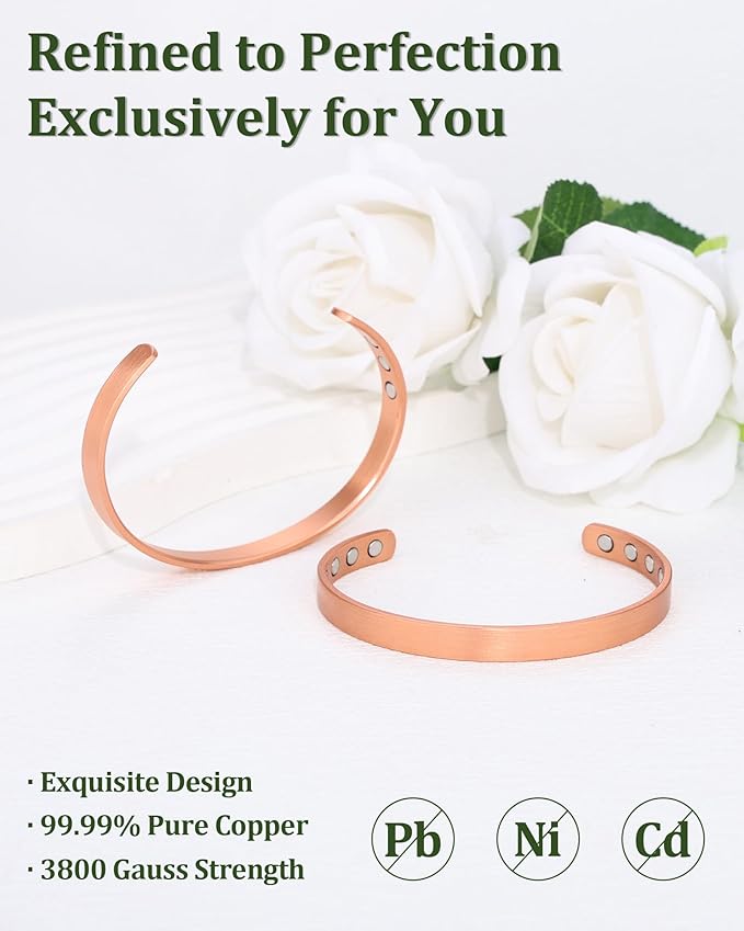 Copper Bracelet for Men and Women, 99.99% Pure Copper Magnetic Bangle with 8pcs 3800 Gauss Magnets, Adjustable Jewelry Gift（Plain Design）