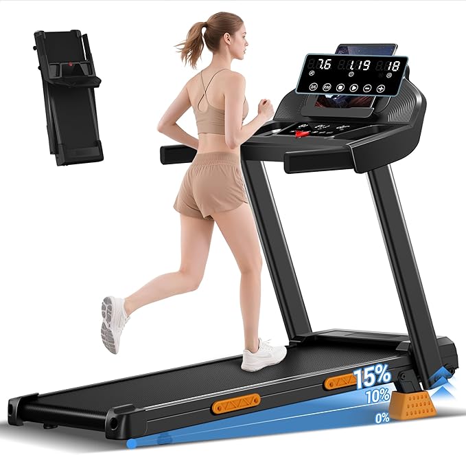 15% Incline Treadmills for Home, 3.0HP Folding Treadmill with 400LBS Weight Capacity, Portable Treadmill with Handrails, 3 LED Displays