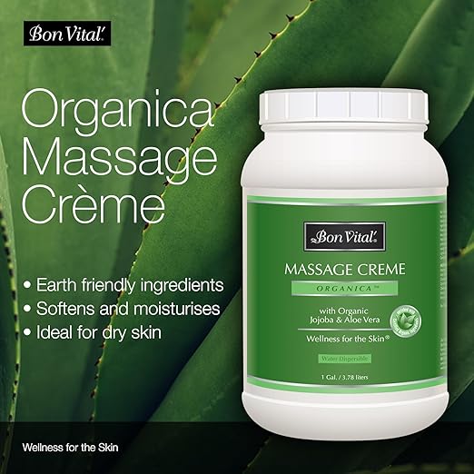 Bon Vital' Organica Organic Massage Creme, 1 Gallon, Organic Jojoba Oil, Non-Greasy, Hypoallergenic, Cream For Sensitive Skin, Massage Therapy & Muscle Relaxation, Spa Quality