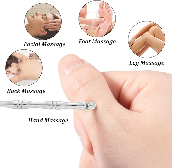 4Pcs Stainless Steel Acupuncture Pen Set with 8 Different Sized Heads for TMJ Pain Relief and Muscle Knot Release, Facial Reflexology Self Care Tools, Portable Dual Head Manual Massage Sticks