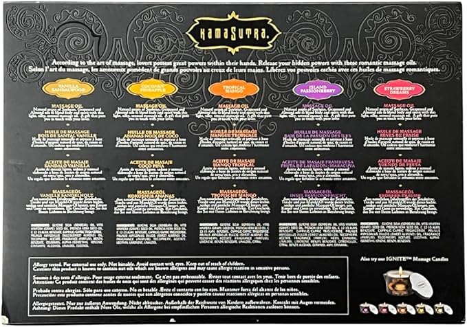 Kama Sutra Massage Indulgence Kit Five Massage Oils - Fragranced with Essential Oils Massage Oil for Body - Sensual Massage Couples, Women, Men, Wife, Husband, Valentine Gift