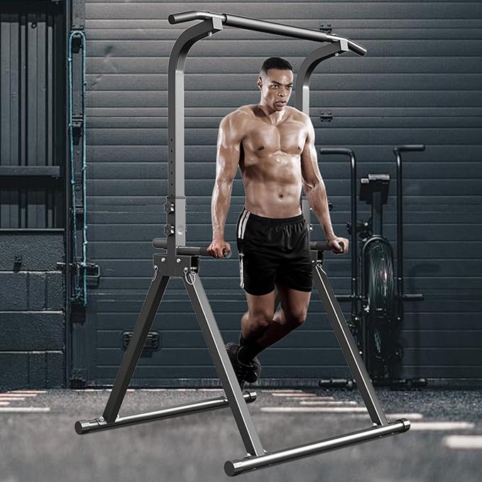 Foldable Pull Up Bar Free Standing Multi-function Power Tower Dip Bar with Assistance Bands Home Gym Strength Training Equipment