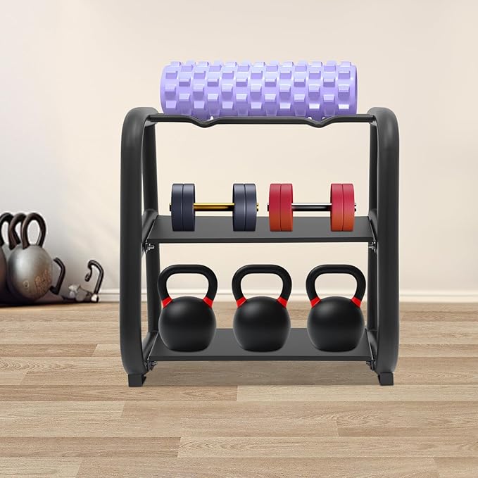 3-Tier Dumbbell Rack, 220.46LB Capacity Heavy-Duty Weight Plate Holder for Home Gym, Adjustable Barbell Rack with Sturdy Groove and Smooth Edge for Dumbbells, Kettlebells & Weight Plates (Rack Only)