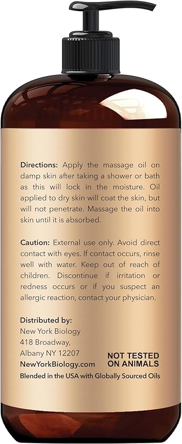New York Biology Anti Cellulite Massage Oil 8 Fl. oz – Made with 100% Natural Oils – Body Oil for Massage Therapy, Muscle Relaxation and Deep Tissue