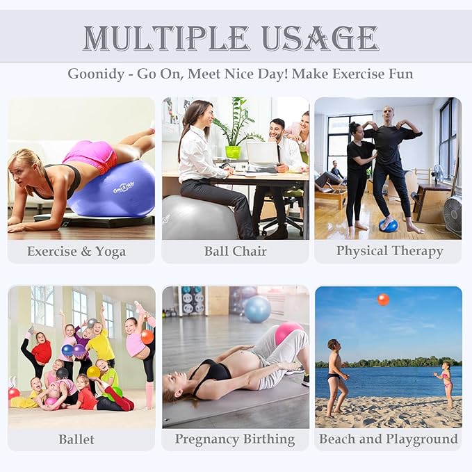 Soft Exercise Ball, Anti-Burst Pilates Yoga Ball Chair Supports 2200lb, Workout Equipment w/ Pump for Women Pregnancy, Medicine, Birthing, Physical Therapy, Stability, Excersing, Birth, Swiss, Fitness