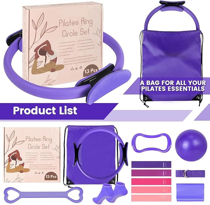 Home Pilates Essentials Kit for Women - Complete Pink Equipment Set with 9 Inch Yoga Ball, Figure 8 Resistance Band, Bands & Accessories, Ring for Beginners Workouts