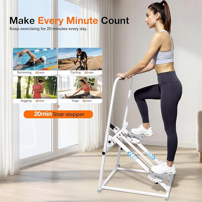 Foldable Stair Stepper Machine with Handles - Adjustable Stepper for Home Cardio, Low Impact Workout Equipment for Legs, Glutes & Weight Loss - Compact Stepping Machine, Easy Assembly White