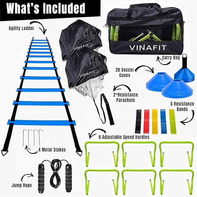 Complete Agility Ladder Training Set - 20ft Speed Ladder, 6 Adjustable Hurdles, 20 Cones, 5 Resistance Bands, 2 Speed Training Parachutes, Jump Rope, Nylon Carry Bag & Stakes
