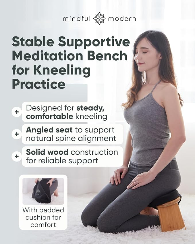 Mindful Modern Folding Meditation Bench - Bamboo Kneeling Stool w/Locking Magnetic Hinges - Prayer Kneeler Seiza Chair w/Soft Pillow & Travel Bag