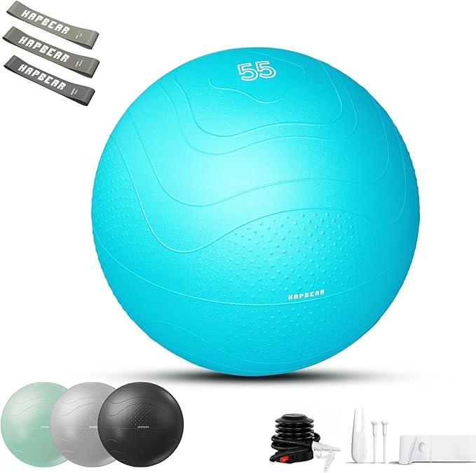HAPBEAR Exercise Ball (22''/26''/30'') - Anti-Burst Slip-Resistant Yoga/Pilates Ball for Core Training & Posture Improvement, Home Gym/Rehab/Pregnancy Ball, Quick Pump & 3 Resistance Bands Included