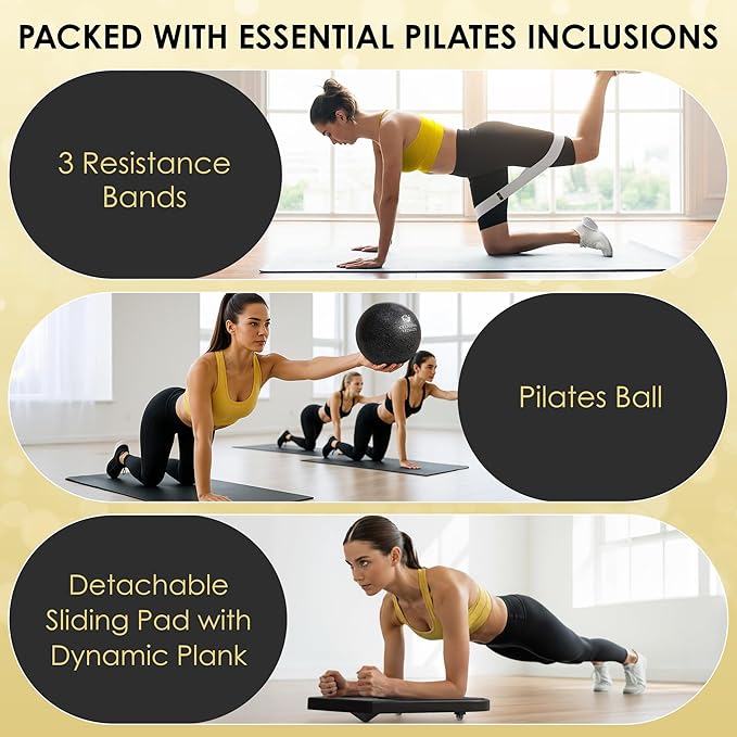 Pilates Reformer Board, 7-in-1 Foldable Pilates Board Kit with Timer, Guided Home Workouts w Resistance Bands & Ball - at Home Pilate Reformer AB Core Machine, Exercise Fitness Slider Equipment