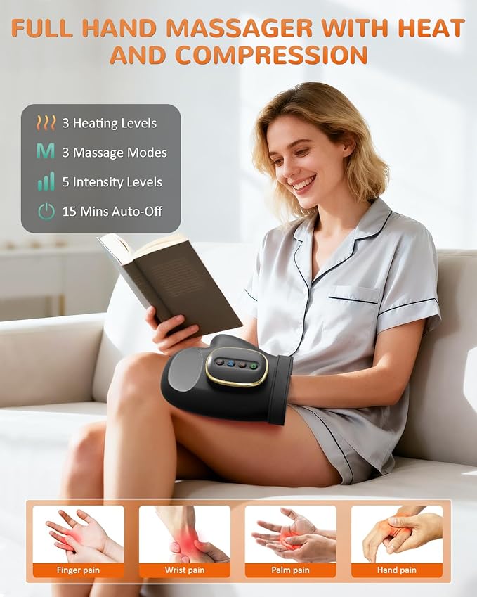 Hand Massager with Heat and Compression: Cordless Hand Massage Glove with 3 Modes, 5 Intensity & 3 Heat Therapy for Arthritis Carpal Tunnel Pain Relief-Valentine's Birthday Gifts for Women, Men(Black)