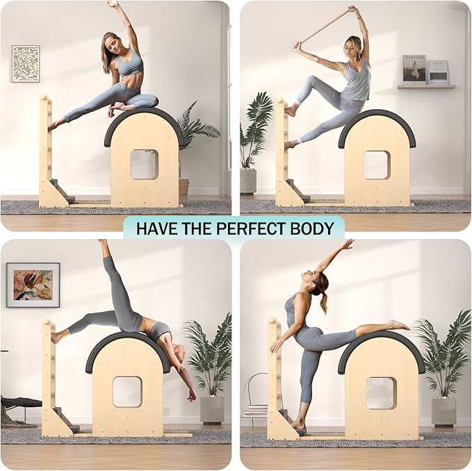 Black Pilates Ladder Barrel, Wooden Spine Corrector Pilates Machine for Home Workout, Pilates Arc for Balance, Core Strengthening and Stretching-Ngxmky