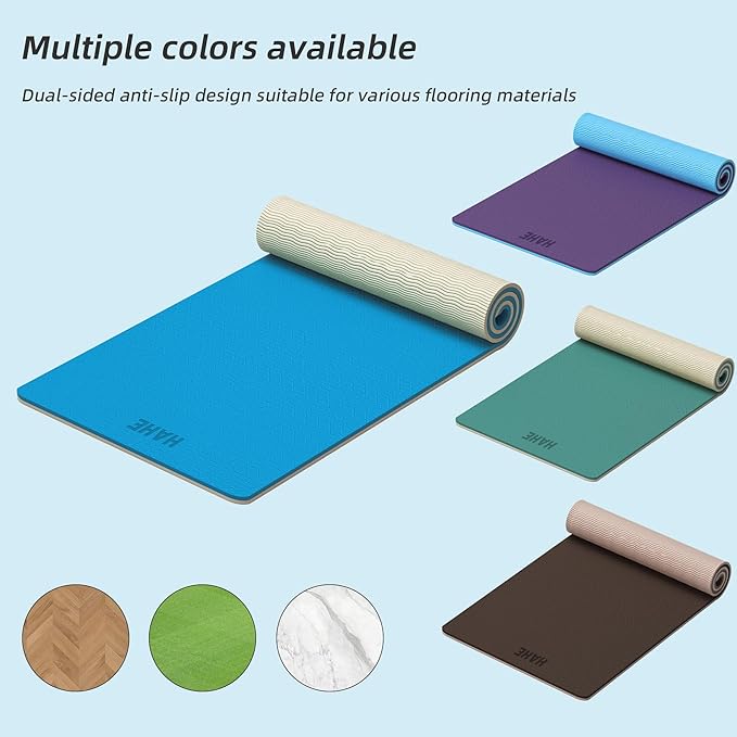 HAHE Yoga Mat Thick, 72"x32"x0.4"Th (10mm), Wide Non-Slip Exercise Mat with Carry Strap, Double-Sided POE Fitness Mat for Yoga, Pilates & Floor Workouts