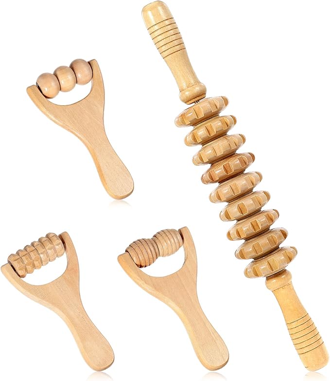 4Pcs Wood Therapy Massage Tools, Portable Manual Wooden Massage Roller Stick, Muscle Roller Stick for Body Sculpting Wood Roller Masssager for Relax Thigh, Leg, Belly Fat, Full Body, Muscle,Cellulite