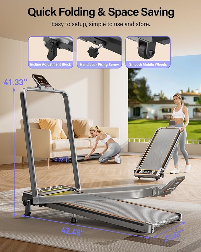 Walking Pad Treadmill with 12% Incline & Dual LED Display, 4 in 1 Walking Pad with Handle Bar, 3.5HP Foldable Under Desk Treadmill, Portable Treadmills for Home 350LBS, 4 Adjustable Incline, RGB Light