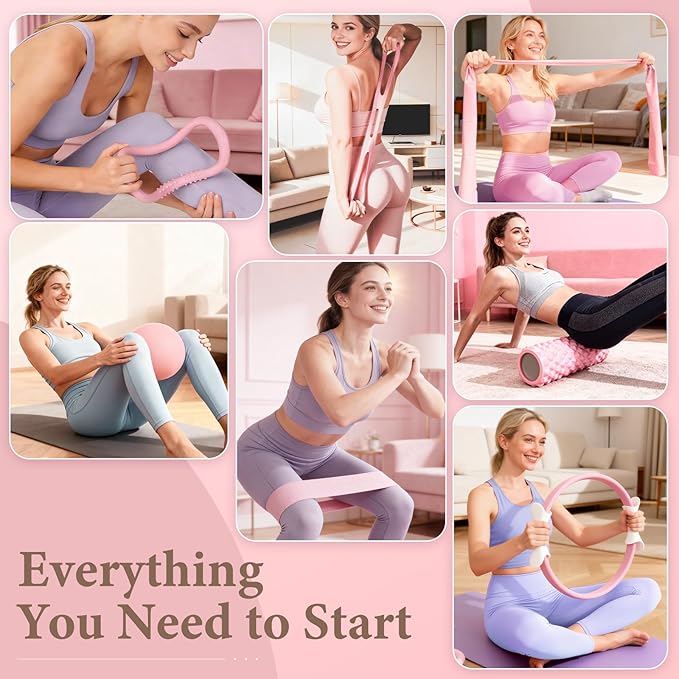 Pink Pilates Ring Kit with 14.5 inch Magic Circle & Foam Roller, Ergonomic Home Workout Equipment Set, Full Pilates Essentials for Women Beginners - Includes Exercise Guide & Storage Bag