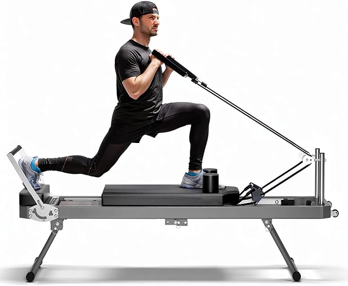 Beige Pilates Reformer, Foldable Pilates Machine for Home Gym Workout, Pilate Equipment with High Strength Alloy Springs for Beginners, Up to 330lbs