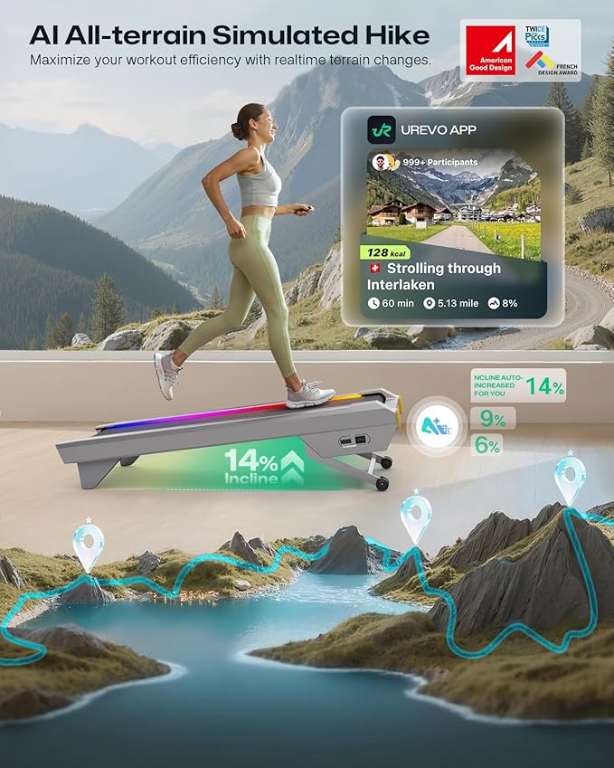 UREVO CyberPad Smart Walking Pad with 14% Auto Incline, Brushless Motorized Under Desk Treadmill for Home Office Fitness, Elegant Speed Lights, Spacious Surface, Digital Controller, AI-Powered App