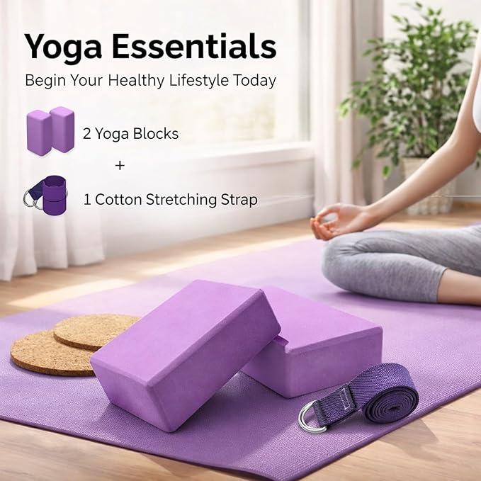 Yoga Equipment Set, 5pcs EVA Blocks, Cotton Strap, Knee Pads, Purple - Stability and Comfort, Non - slip Design, Ideal for Beginners and Pilates