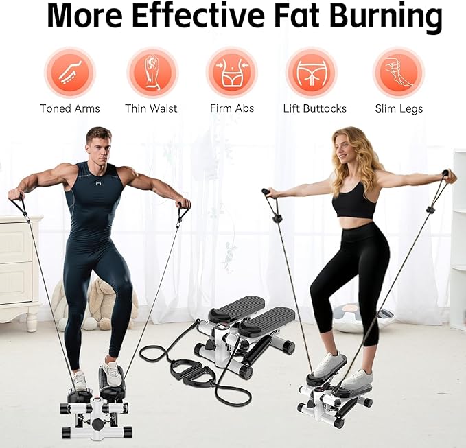 Steppers for Exercise at Home, Mini Stepper with Resistance Bands, Hydraulic Fitness Stepper with LCD Monitor, 360LBS Weight Capacity Portable Stair Stepper for Small Spaces
