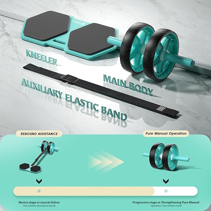 Double-Wheel Ab Roller for Core Training – Rebound Design with Adjustable Elastic Band, Silent Non-Slip Wheels, Detachable Build, Knee Pad & Bands – Home Gym Gear for Men/Women