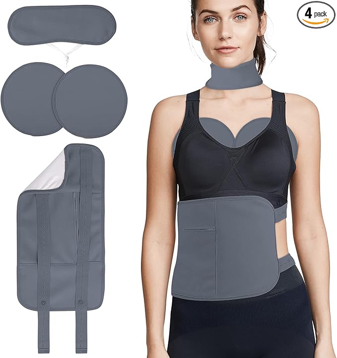 4Pack Castor Oil Pack for Chest, Neck and Abdomen, Reusable Compress Castor Oil Pack Wrap for Abdomen with Adjustable Elastic Strap Flannel Cotton Machine Washable Anti Oil Leak -Grey